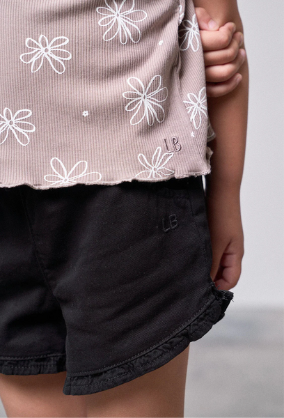 Ruffle Cotton Twill Short - Black