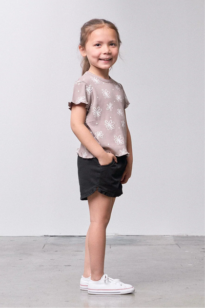 Floral Ribbed Lettuce Trim Tee - Mushroom