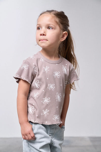 Floral Ribbed Lettuce Trim Tee - Mushroom