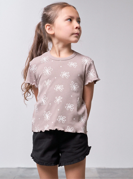 Floral Ribbed Lettuce Trim Tee - Mushroom