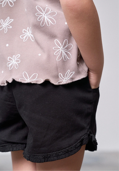Ruffle Cotton Twill Short - Black