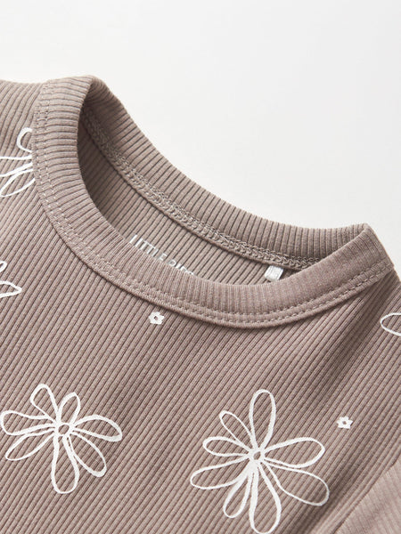 Floral Ribbed Lettuce Trim Tee - Mushroom