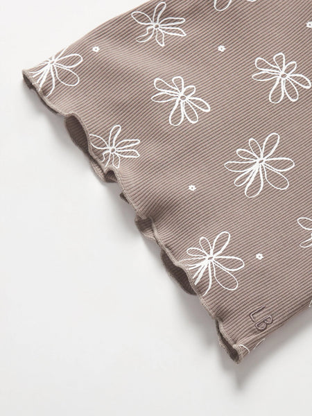 Floral Ribbed Lettuce Trim Tee - Mushroom