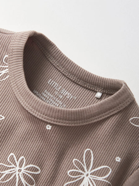 Floral Ribbed Lettuce Trim Tee - Mushroom