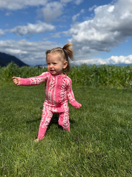 Convertible Footed One Piece - Pink Strawberry & Cherry Bows