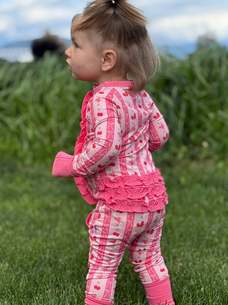Convertible Footed One Piece - Pink Strawberry & Cherry Bows