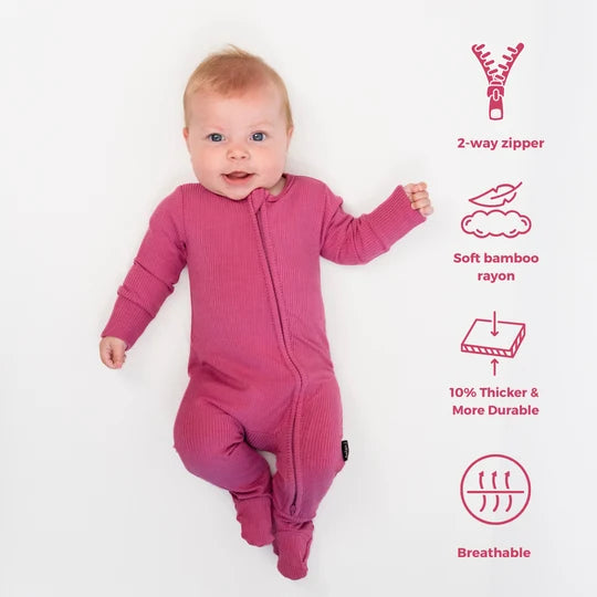 Ribbed Bamboo Footed Zipper Sleeper - Rosewood