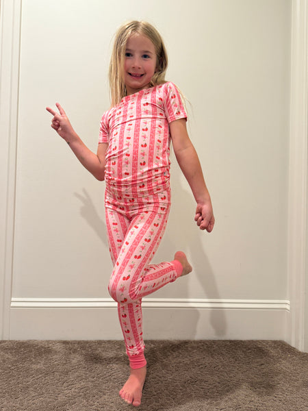 Kids Pink Strawberry & Cherry Bows Pajama Set