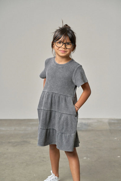 Acid Wash Waffle Dress - Black