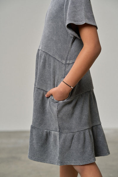 Acid Wash Waffle Dress - Black