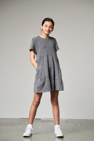 Acid Wash Waffle Dress - Black