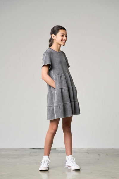 Acid Wash Waffle Dress - Black