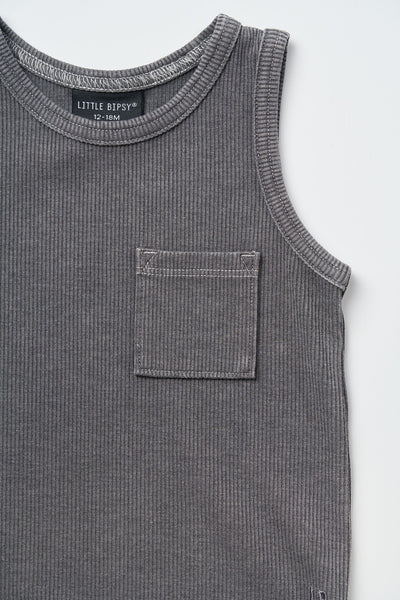 Acid Wash Ribbed Tank - Black