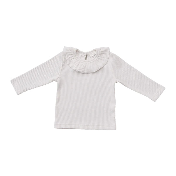 White Ribbed Ruffle Long Sleeve Top