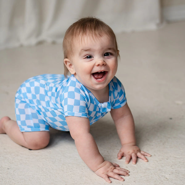 Bamboo Shortie Playsuits - Wavy Purple Check