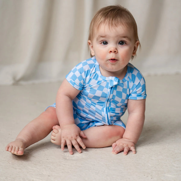 Bamboo Shortie Playsuits - Wavy Purple Check