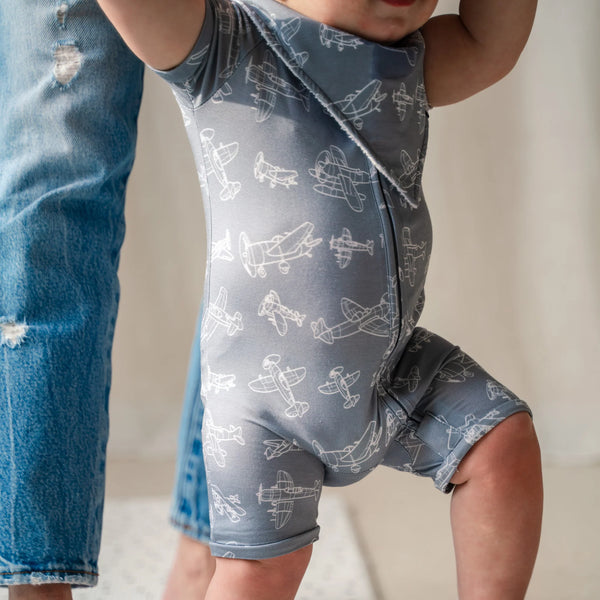 Bamboo Shortie Playsuits - Wavy Purple Check