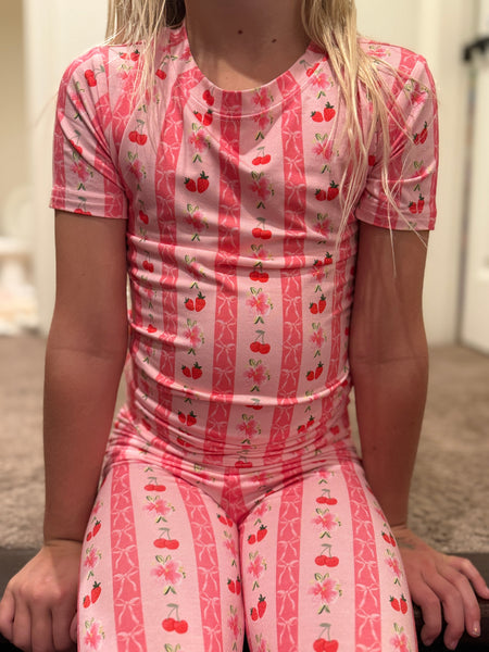 Kids Pink Strawberry & Cherry Bows Pajama Set