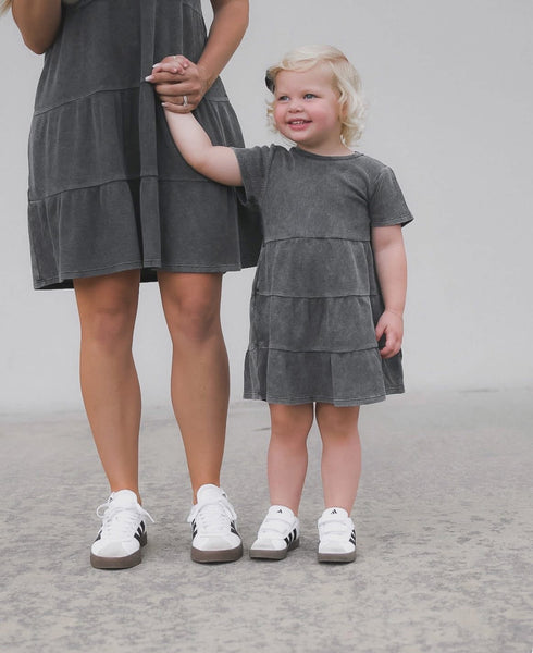 Acid Wash Waffle Dress - Black