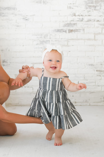 Linen Tiered Dress - Charcoal Stripe
