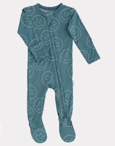 Bamboo Footed Sleeper - Teal Smiles