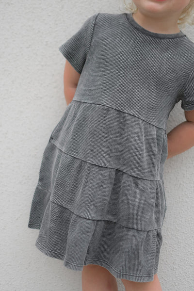 Acid Wash Waffle Dress - Black