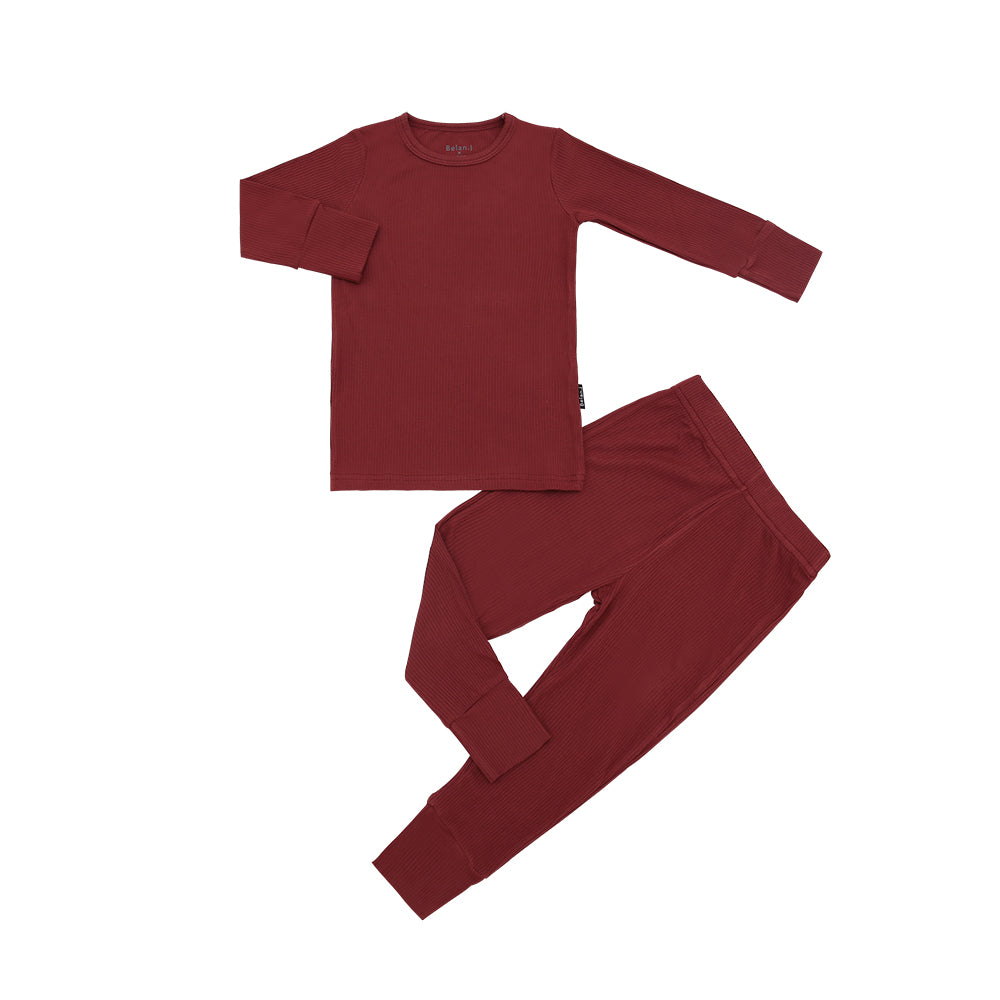 Long Sleeve Ribbed Bamboo PJ Set - Burgundy