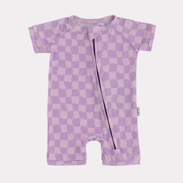 Bamboo Shortie Playsuits - Wavy Purple Check