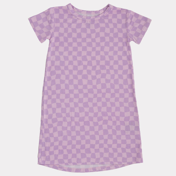Bamboo Short Sleeve Shirt Dress - Purple Checks