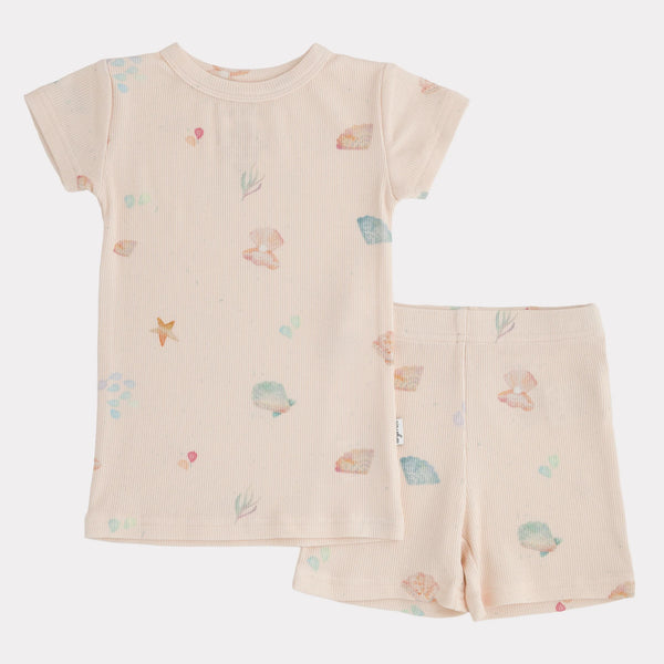 2 Piece Ribbed Bamboo Short Sleeve Set - Sea Shells