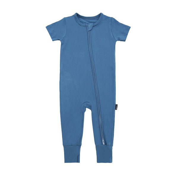 Short Sleeve Zipper Romper- Marine Blue