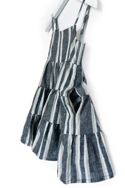 Linen Tiered Dress - Charcoal Stripe