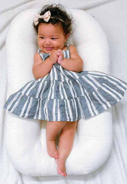 Linen Tiered Dress - Charcoal Stripe