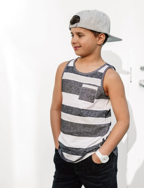 Washed Stripe Pocket Tank - Black