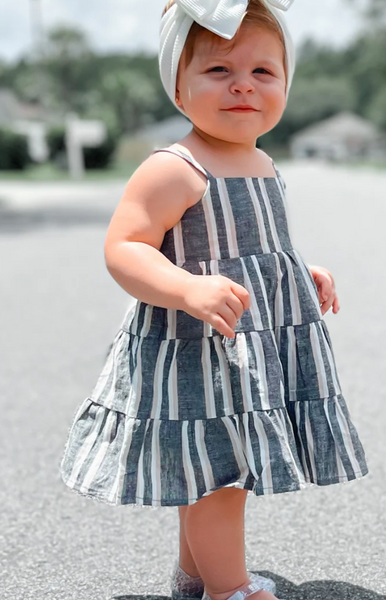 Linen Tiered Dress - Charcoal Stripe