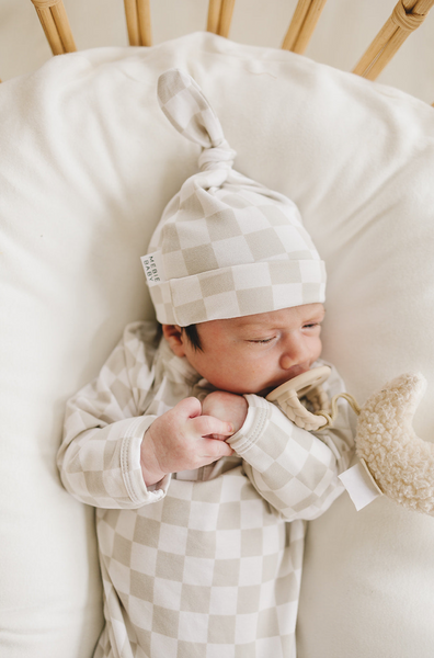 Taupe Checkered Newborn Knot Hat