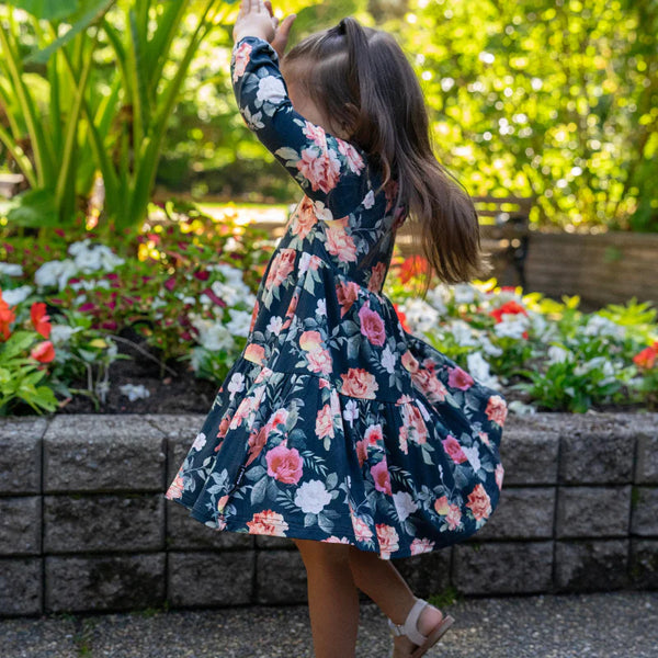 Long Sleeve Tiered Dress - Midnight Blossom