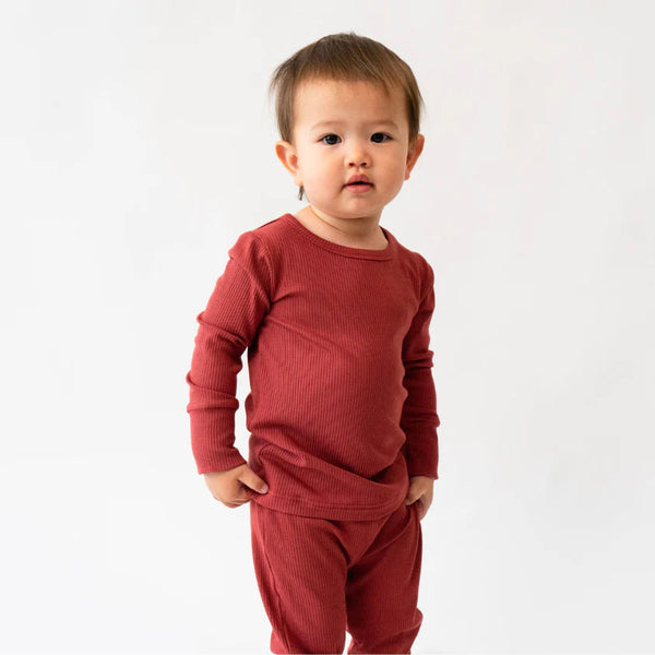 Long Sleeve Ribbed Bamboo PJ Set - Burgundy