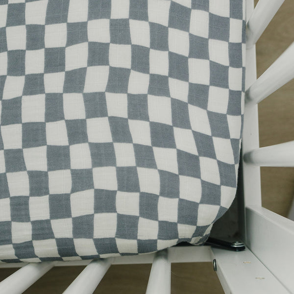 Dusty Blue Wavy Checkered Muslin Crib Sheet