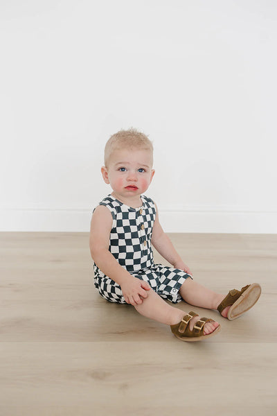 Charcoal Wavy Checkered Short Romper