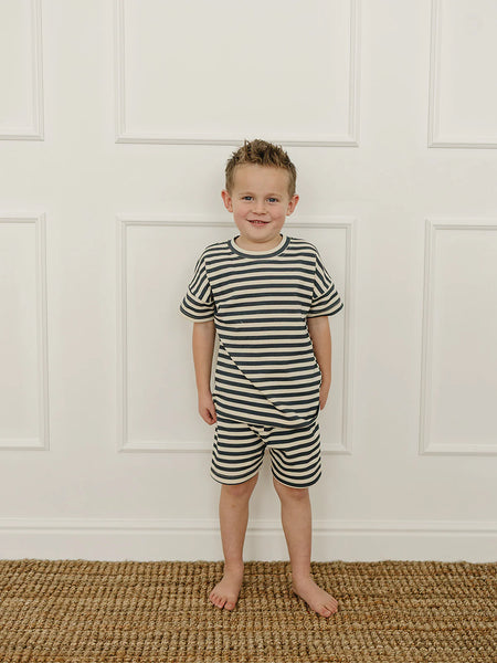 Navy Stripe Button Short Set
