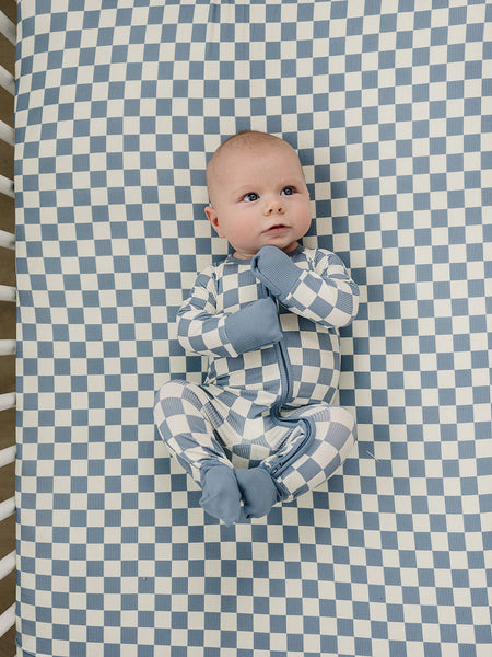 Blue Checkered Ribbed Bamboo Stretch Swaddle