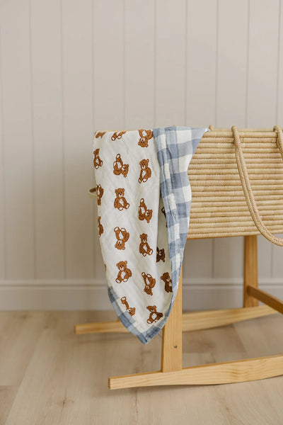 Dusty Blue Gingham + Teddy Bear Muslin Quilt