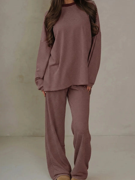 Brown Striped Long Sleeve Pant Set