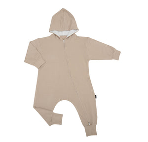 Hooded Zipper Jumpsuit - Oatmeal