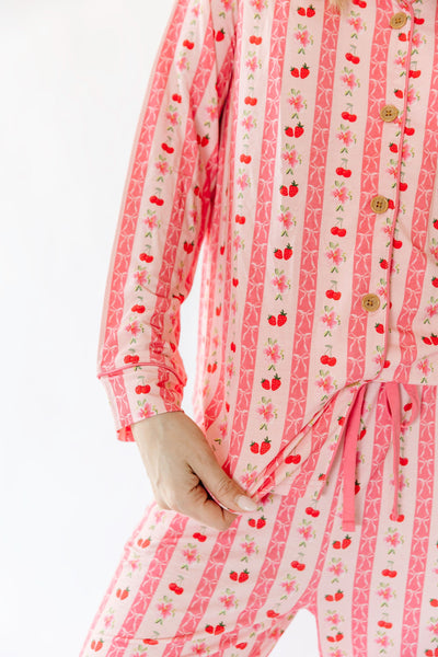 Women's Pink Strawberry & Cherry Bows Long Pajama Set