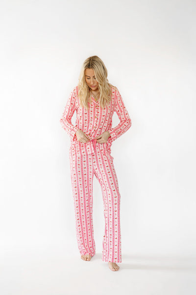 Women's Pink Strawberry & Cherry Bows Long Pajama Set