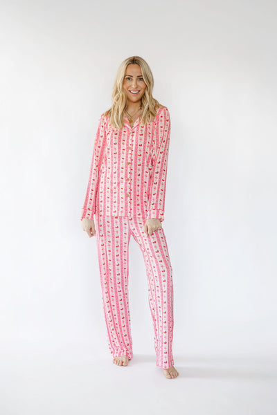 Women's Pink Strawberry & Cherry Bows Long Pajama Set