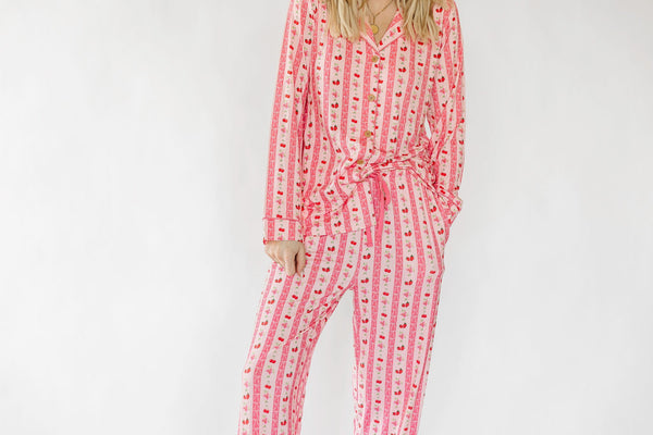 Women's Pink Strawberry & Cherry Bows Long Pajama Set