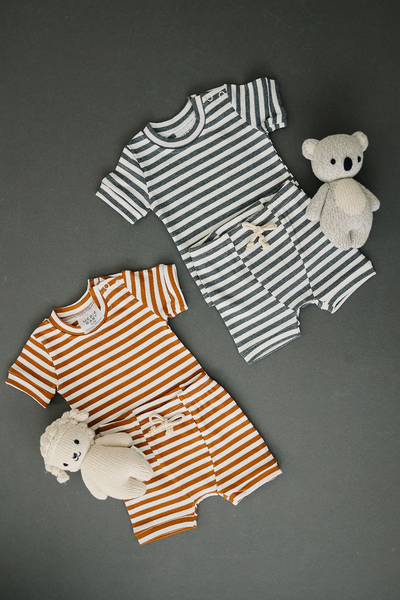 Charcoal & White Stripe Ribbed Cozy Short Set